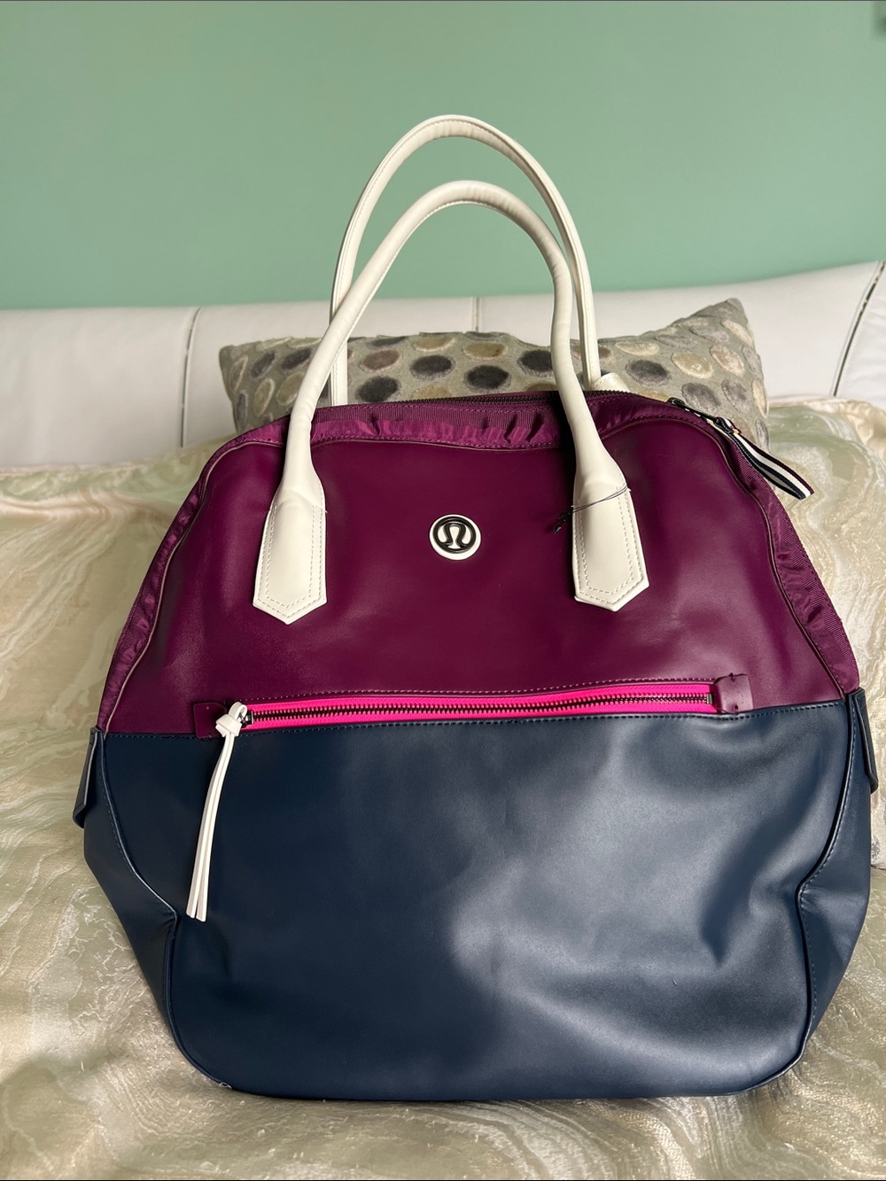 lululemon athletica Magenta, Hot Pink & Navy Colorblock Tote with White Handles
